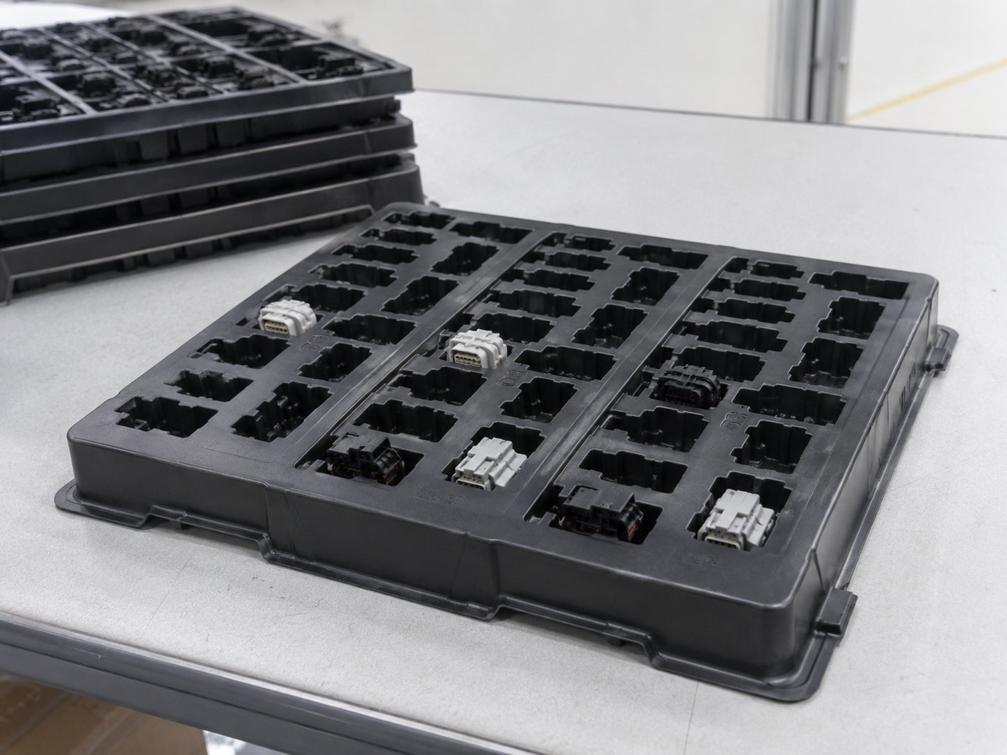 Black anti static automotive connector trays with precise cavities