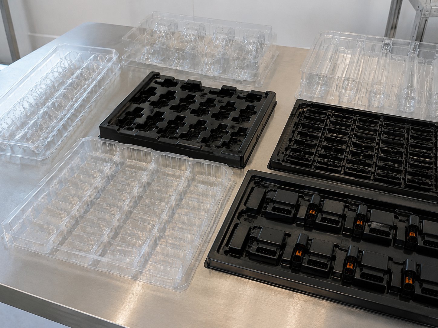 Custom blister trays in clear and black thermoformed plastic