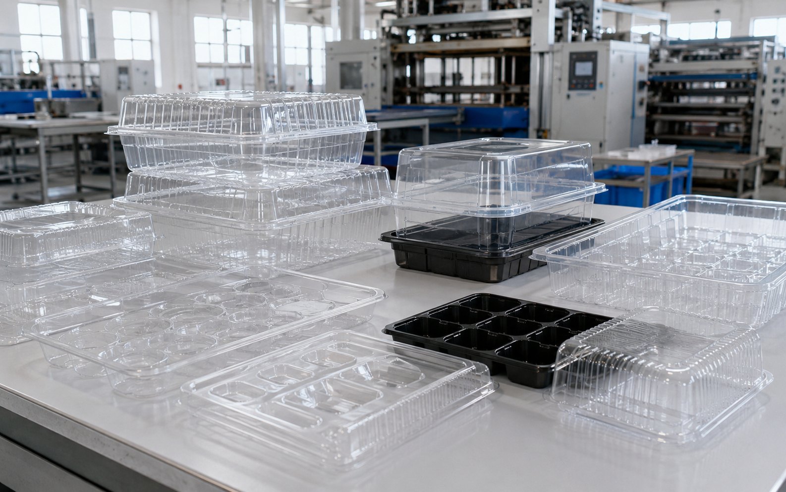 Clear custom thermoformed plastic trays on a sample table