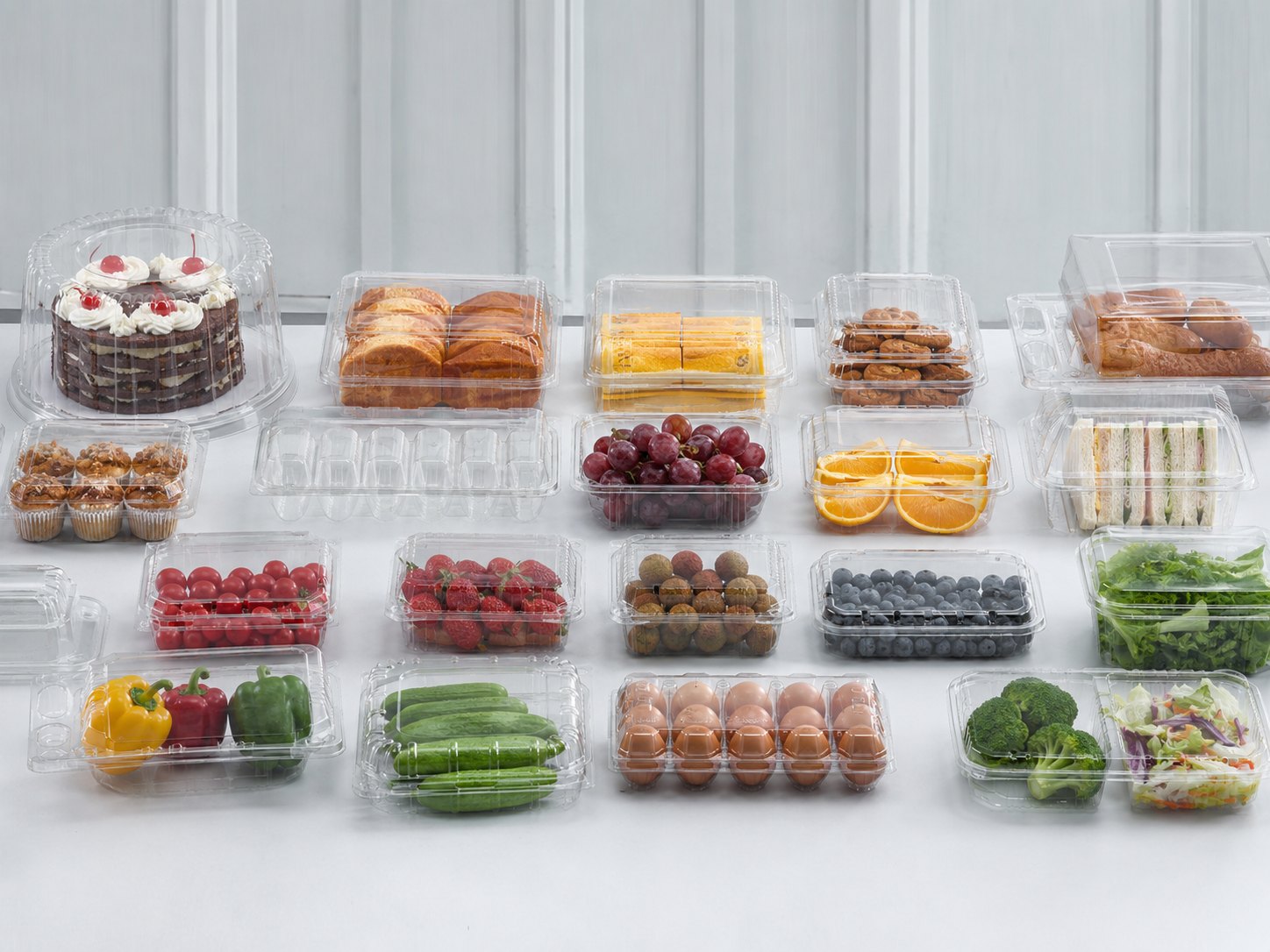 Clear thermoformed bakery boxes and pastry packaging with food products