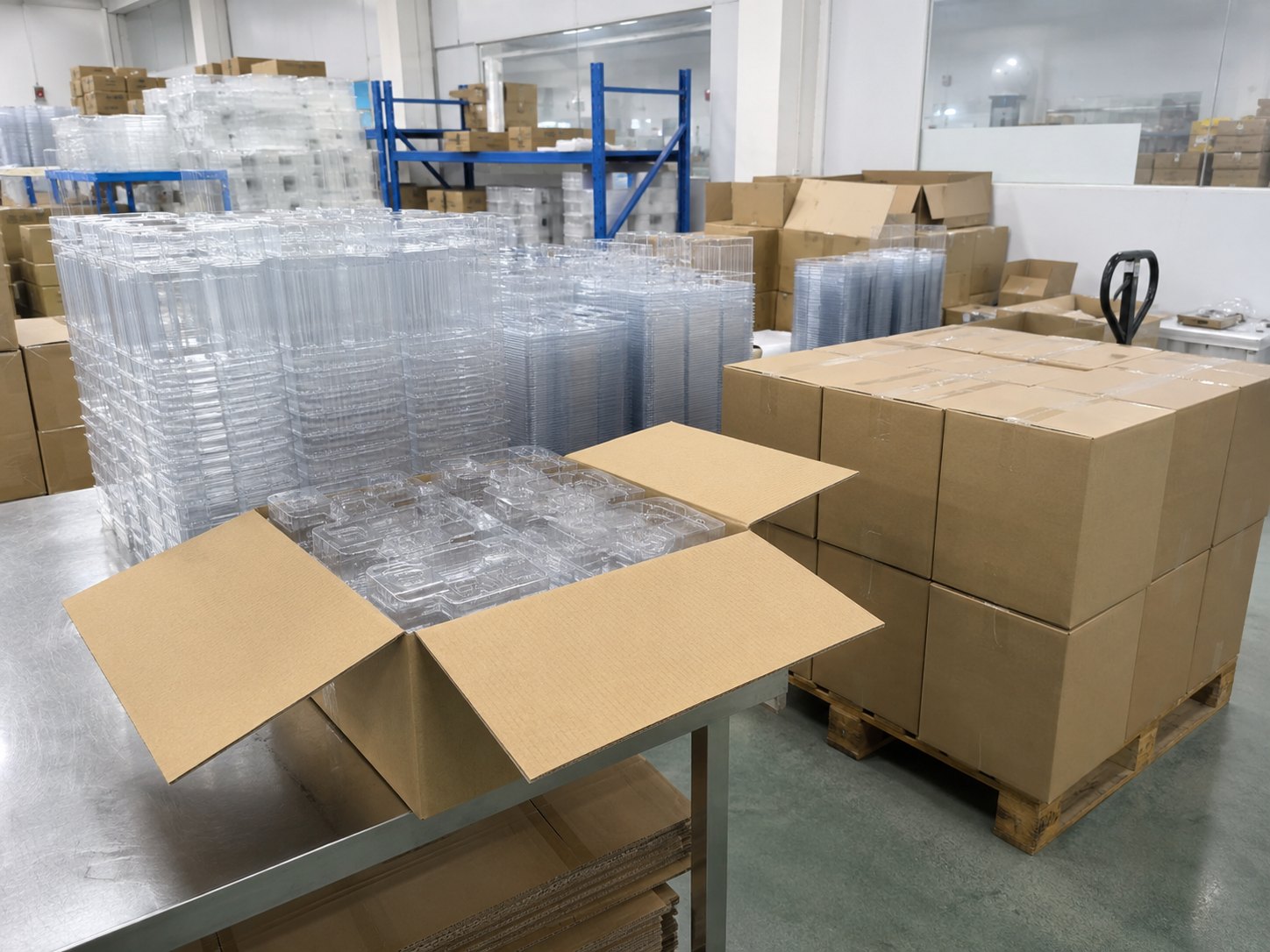 Factory packing area with stacked thermoformed trays and export cartons