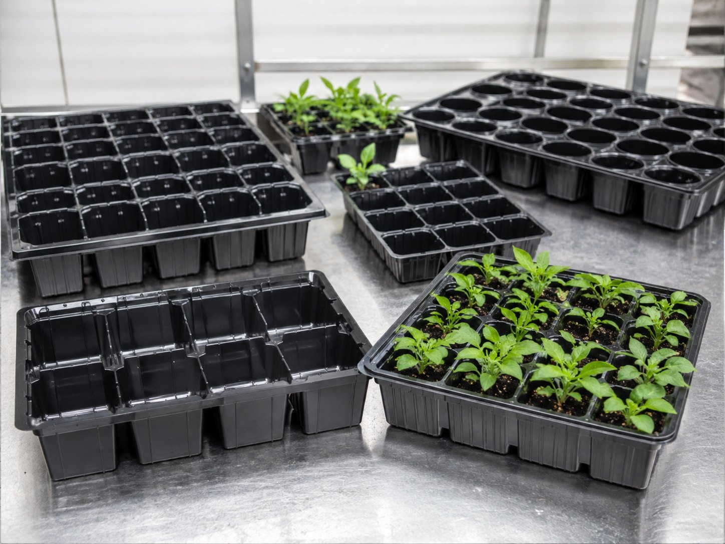 Seedling tray inserts and plant growing trays with young plants